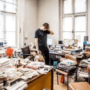 Ein Mann im Büro mit Chaos – preiswerte Firmenräumung Zürich
